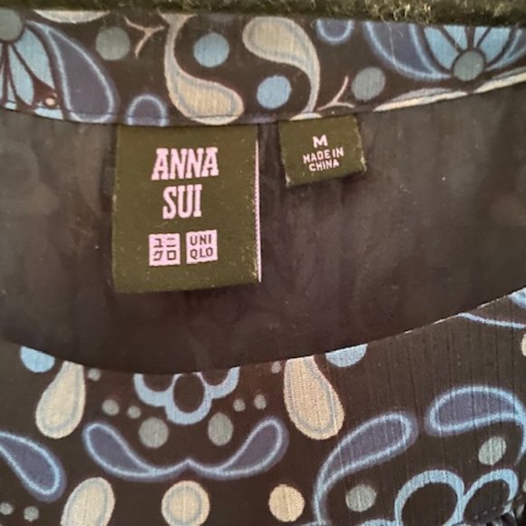 ANNA SUI For UNIQLO Blk/Ivory Chiffon Half Sleeve Boho Dress - M - Picture 2 of 7